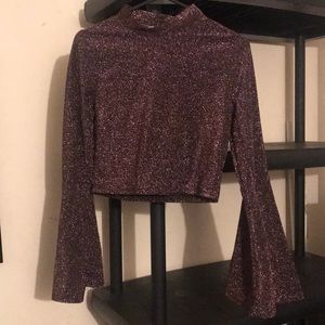 Sexy pink shimmery bell bottom sleeved crop top